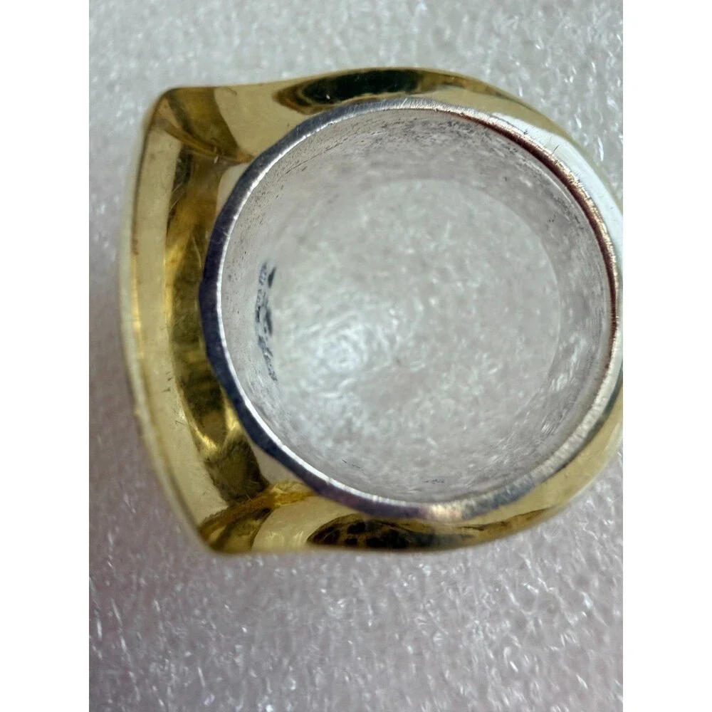 Vintage 925 Sterling Silver Textured Resin Honey Acrylic Chunky Signet Ring 6.5